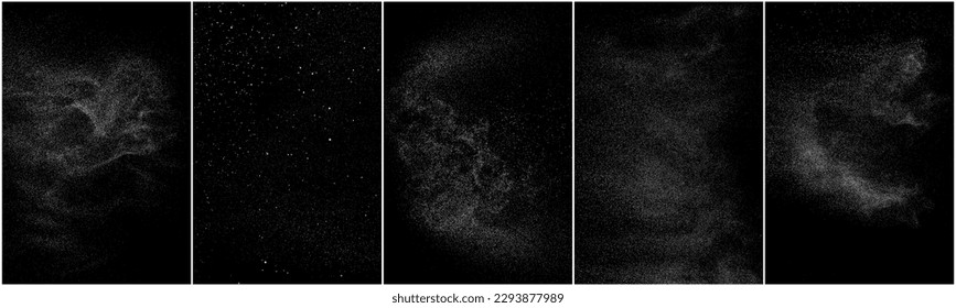 Set of distressed white grainy texture. Dust overlay textured. Grain noise particles. Snow effects pack. Rusted black background. Vector illustration, EPS 10.   