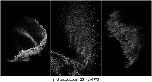 Conjunto de textura de grano blanco angustiado. El polvo sobrante texturado. Partículas de ruido de grano. Envase con efectos de nieve. Fondo negro rayado. Ilustración del vector, EPS 10.   