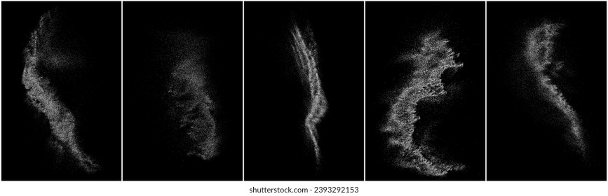Set of distressed white grainy texture. Dust overlay textured. Grain noise particles. Black and white pattern.  Rusted black background. Vector illustration, EPS 10.      