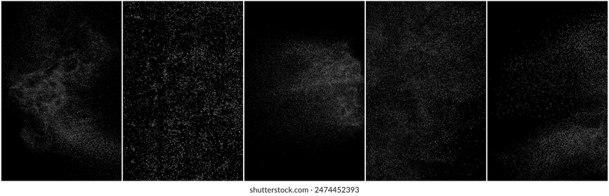 Set of distressed white grainy texture. Dust overlay textured. Grain noise particles. Snow effects pack. Rusted black background. Vector illustration, EPS 10.   