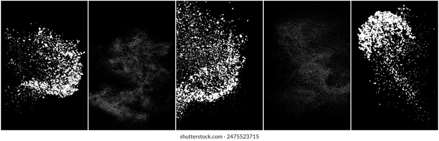 Set of distressed white grainy texture. Dust overlay textured. Grain noise particles. Snow effects pack. Rusted black background. Vector illustration, EPS 10.   