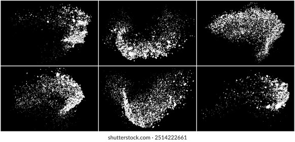 Conjunto de textura granulada blanca angustiada. Superposición de polvo texturizado. Partículas de ruido de grano. Pack de efectos de nieve. Fondo negro oxidado. Ilustración vectorial, EPS 10.   