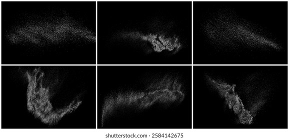 Set of distressed white grainy texture. Dust overlay textured. Grain noise particles. Snow effects pack. Rusted black background. Vector illustration, EPS 10.   