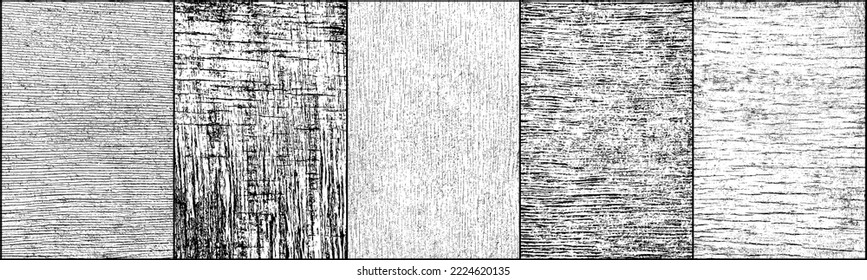 Set of distressed wood texture. Black grainy texture on white background. Dust overlay textured. Grain noise particles. Rusted white effect. Grunge design elements. Vector illustration, EPS 10.