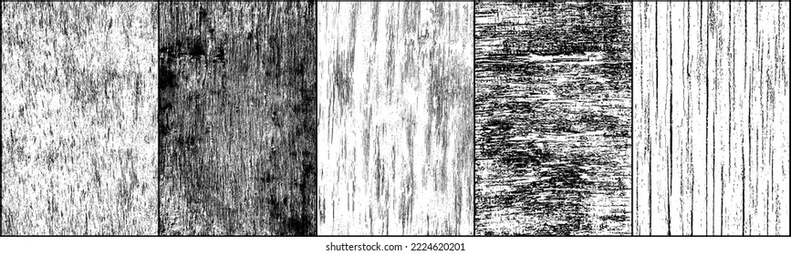 Set of distressed wood texture. Black grainy texture on white background. Dust overlay textured. Grain noise particles. Rusted white effect. Grunge design elements. Vector illustration, EPS 10.