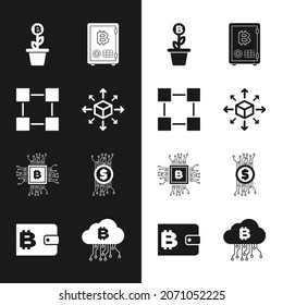 Set Distribution, Blockchain technology, Bitcoin plant the pot, Proof of stake, CPU mining farm and Cryptocurrency bitcoin circuit icon. Vector