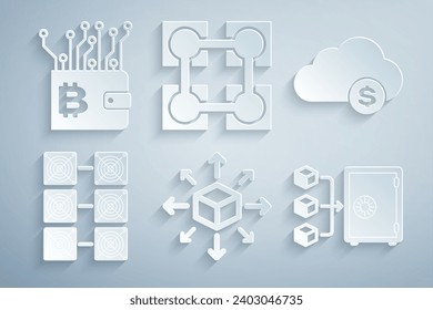 Set Distribution, Cryptocurrency cloud mining, Mining farm, Proof of stake, Blockchain technology and wallet icon. Vector