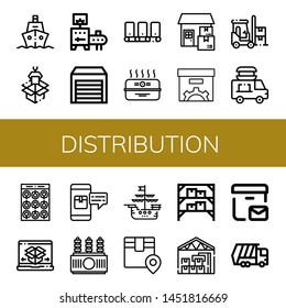 Set of distribution icons such as Ship, Packaging, Conveyor, Warehouse, Cardboard box, Delivery, Box, Forklift, Food delivery, Package, Shipping and delivery, Power transformer 