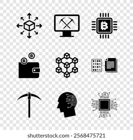 Set Distribution, Mining with monitor and pickaxe, CPU mining farm, Pickaxe, Brain as digital circuit board and Processor icon. Vector