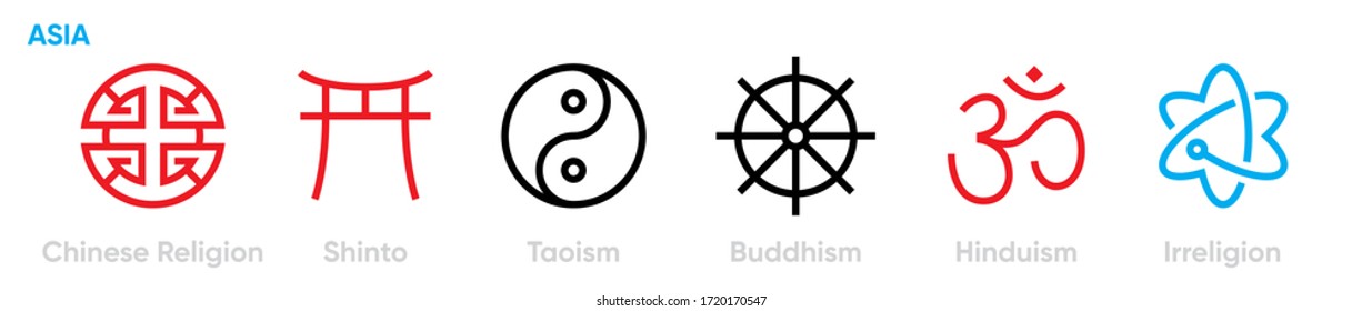 Satz von Verteilungssymbolen verschiedener Weltreligionen-Symbole. Bearbeitbarer Zeilenvektor. Logo Wohlstand, Hieroglyph-Tempel, Zeichen Tao, Dharma-Kreis, Wortstärke, Elektronen um den Kern. Piktogramm für Gruppen.