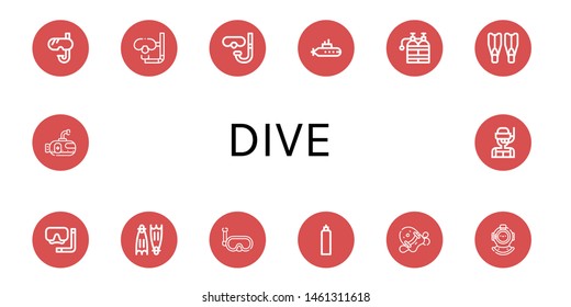 Set of dive icons such as Snorkel, Dive, Diving glasses, Submarine, Oxygen tank, Flippers, Diving mask, Pool kickboard, Diving helmet , dive
