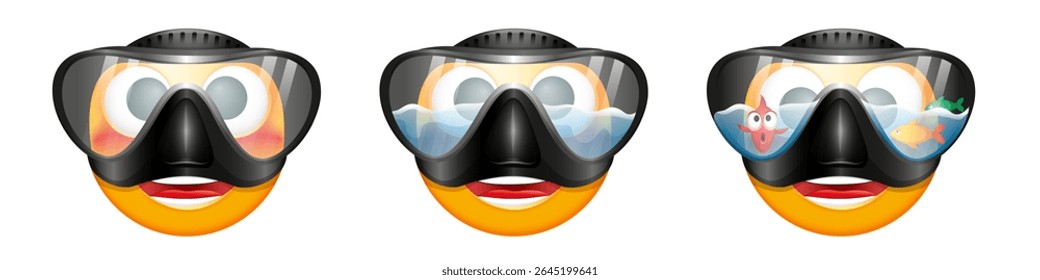Set of diver emoji on white background. Cute summer emoticon with scuba mask and diving snorkel. Positive vibes, good mood, vacation, travel, holiday concept	