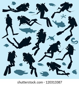 Set of diver silhouettes and fish