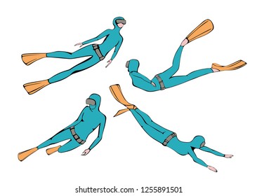 Set diver swimming underwater. Vector illustration of a flat design.