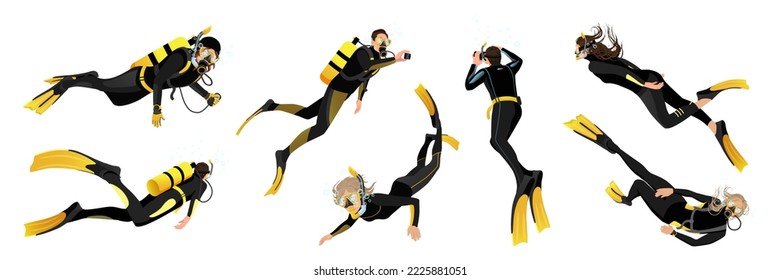 Set of divers characters illustration isolated on white background. People in diving mask, wetsuit gear, diver man and woman. Underwater activity snorkeling and swimming aqualung. Vector illustration