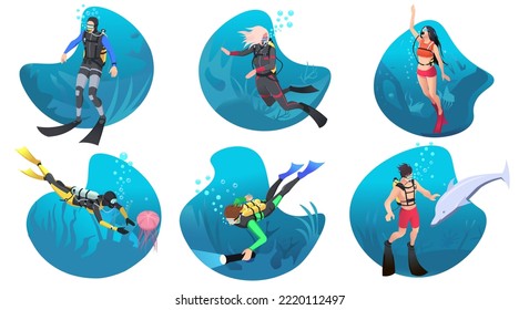 Set of divers characters isolated on white background. Men and women dive with scuba diving equipment. People swims with mask and snorkel in colorful wetsuits and fins under water. Vector illustration