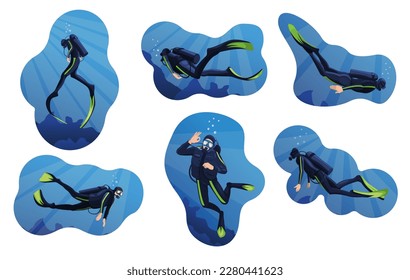 Set of divers characters isolated on white background. People in diving mask, wetsuit gear, diver man and woman. Underwater activity snorkeling and swimming aqualung print icons. Vector illustration