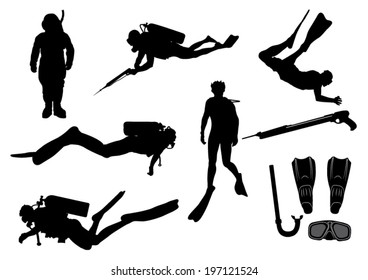 Set of Divers and Diving Equipment Silhouettes-Vector Image