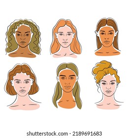 A set of divers female faces isolated on white background. Beautiful women portraits representing diversity and equality. Collection of girls avatars. 