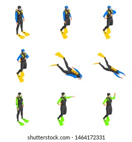 Set of divers icons in different poses and gestures on white background.  Vector isometric illustration.