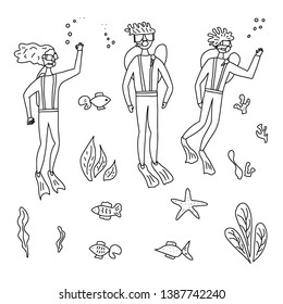 Set of divers and sea plants and fishes in doodle style. Woman and two men swimming underwater isolated. Set of sketch vector characters and ocean elements. Black and white design illustration.