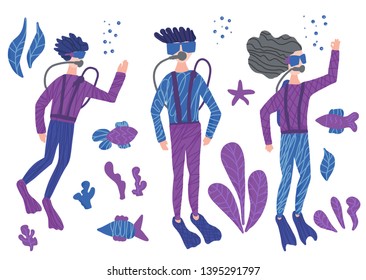 Set of divers and sea plants and fishes. Young people swimming underwater isolated. Vector characters.