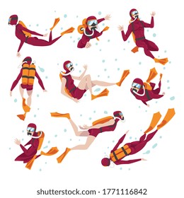 Set of Divers in Wetsuit, Mask and Flippers Diving in the Sea, Summer Water Sport, Extreme Hobby Cartoon Style Vector Illustration