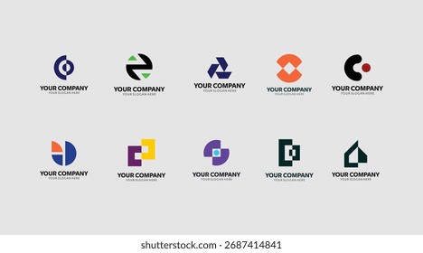 Conjunto de diversos logotipos de negócios modernos abstratos com vários símbolos no fundo cinza claro	
