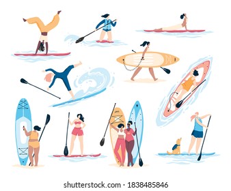 Set of diverse active women enjoying stand-up paddle activities. Paddle yoga, sup with dogs, relaxing on water, summer water sports. Flat vector illustration. 