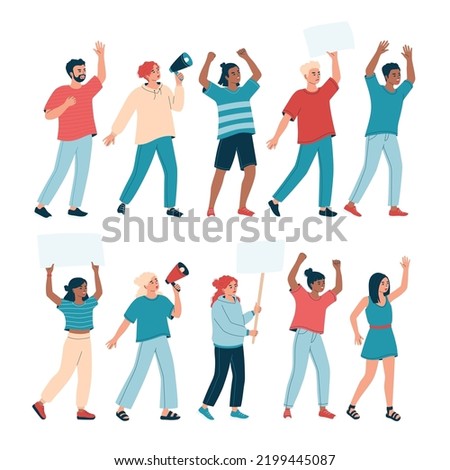 Set of diverse angry people with placard, banner, megaphone with raised up hands for protest. Activists men and women on parade, picket, demonstration or strike. Isolated flat vector illustration
