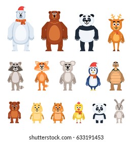 Set of diverse animal characters. Funny polar bear, brown bear, panda, reindeer, raccoon, fox, koala, penguin, turtle, hamster, chicken, rabbit and other animals. Simple style vector illustration