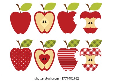 
Set of diverse apple silhouettes (whole red apple, apple half, apple core, applewhole bite, polka dots, striped, checkered). Isolated cartoon objects. Vector.
