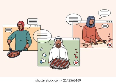 Set of diverse Arabic food bloggers on screen cooking tasty dishes on internet. Collection of arab influencers prepare traditional national meal, have class on web. Flat vector illustration. 