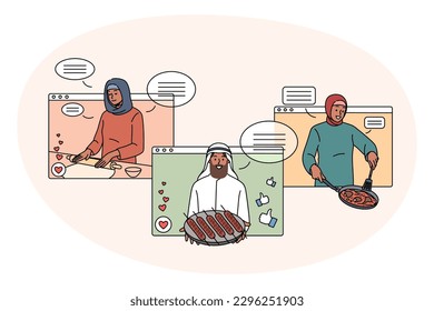 Set of diverse Arabic food bloggers on screen cooking tasty dishes on internet. Collection of arab influencers prepare traditional national meal, have class on web. Flat vector illustration.