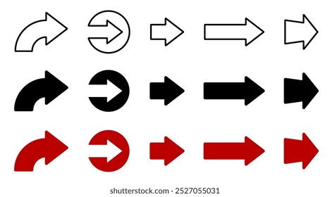 Set of diverse arrow symbols in different colors and styles, including curved, filled, and outlined designs. Ideal for direction, navigation, or graphic projects.