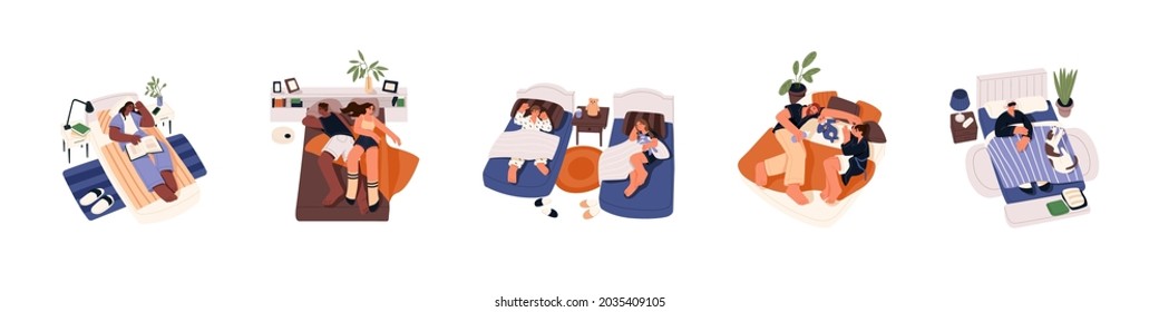 Set of diverse asleep people lying in beds. Family with baby, couple, children, alone woman, dog sleeping in bedroom. Person resting on pillow. Flat vector illustration isolated on white background