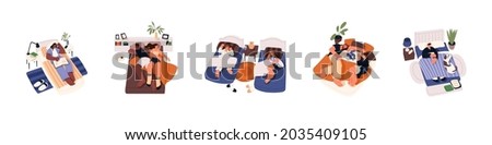 Set of diverse asleep people lying in beds. Family with baby, couple, children, alone woman, dog sleeping in bedroom. Person resting on pillow. Flat vector illustration isolated on white background