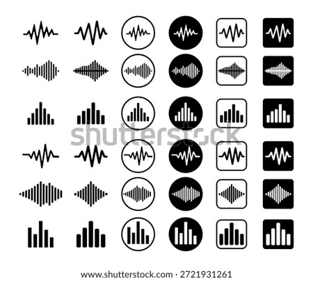 Set of diverse audio signal, waveform, and volume meter icons in different styles, perfect for music, sound, and technology concepts.