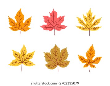 Conjunto de diversas hojas de arce de otoño. Fondo de otoño. Follaje en colores rosa, naranja, amarillo y verde. Ilustración vectorial