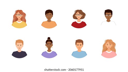 Set of diverse avatars of business team people. Collection of portraits of men and women in a round frame. Vector illustration of faces