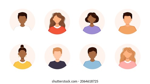 Set Of Diverse Avatars Of Business Team People. Collection Of Portraits Of Men And Women In A Round Frame. Vector Illustration Of Faces. No Face.