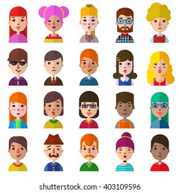 Set of diverse avatars isolated on white background. Different nationalities, clothes and hair styles. Flat style vector illustration