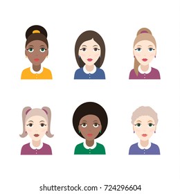 Set of diverse avatars isolated on white background. Different clothes and hair styles. Cute and simple flat cartoon style