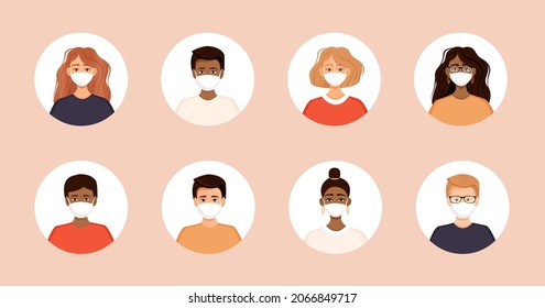 Conjunto de diversos avatares de personas con una máscara facial. Colección de retratos de hombres y mujeres en un marco redondo. Prevención del coronavirus, la gripe, la contaminación del aire, los virus y las enfermedades. Ilustración del vector