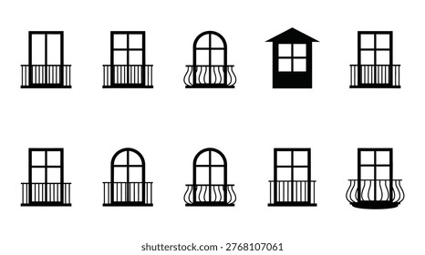 A set of diverse balcony window silhouettes, including arched and rectangular shapes, displayed on a plain white background. Ideal for architectural design, real estate, or construction concepts.