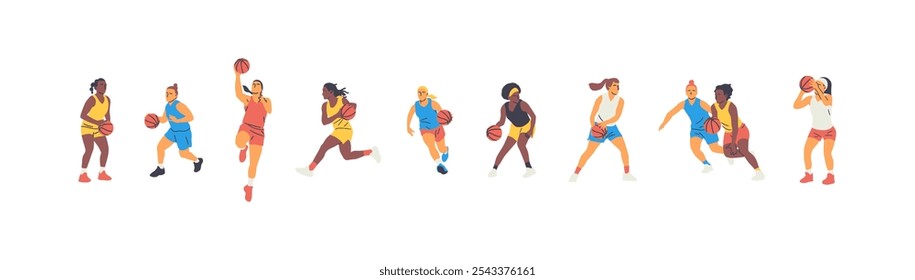 Set of diverse basketball player women athlete team figures. Colorful retro style ball game female players illustration collection. Includes basket slam dunk pose, jump on isolated background.