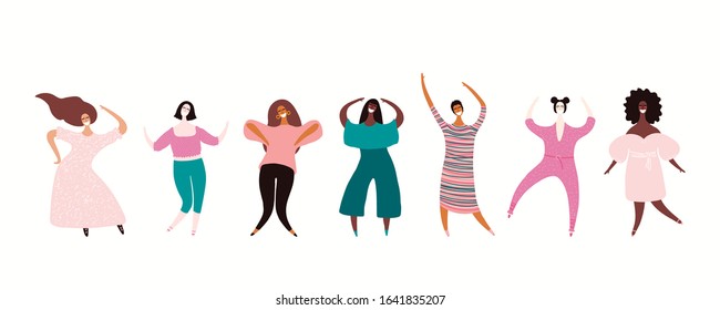 Set of diverse beautiful girls in casual clothes. Hand drawn vector illustration. Isolated objects on white background. Flat style design. Female cartoon character. Modern woman concept, element.