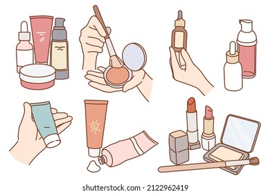 Set of diverse beauty products for makeup. Collection of cosmetics items for face make up. Women daily beauty skincare routine or treatment. Female hygiene and care. Vector illustration. 