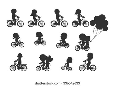 Set Of Diverse Bicyclists Silhouettes, Happy Family Riding Bikes , Family Biking Together, Sports Family. Family And Bikes, Bicyclists Silhouettes Collection, Vector Illustration