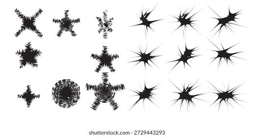 A set of diverse black abstract shapes resembling stars, explosions, and cracks on a white background.